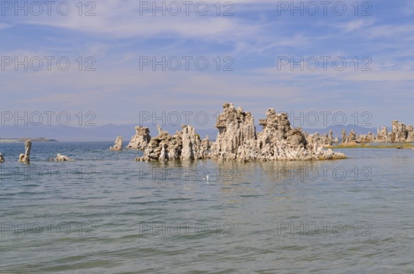 Notable rock formations, calcareous tuff formations emerging from calm water, situated under a clear sky, Lake Natron, Mono Lake, California, USA