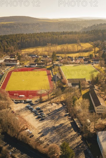 Sports facilities with surrounding nature and urban infrastructure from the air, Wimberg, Calw, Germany