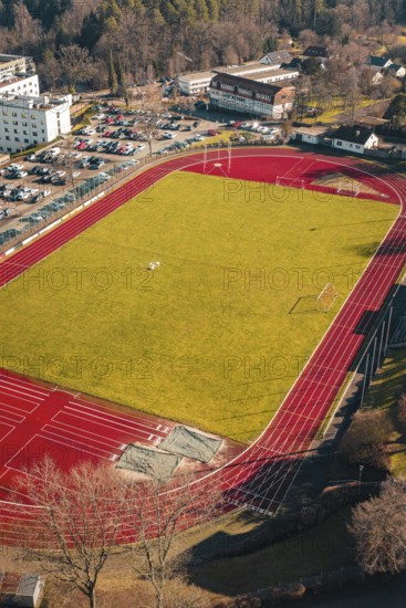 Aerial view of a surrounding sports field with adjacent parking facilities, Wimberg, Calw, Germany