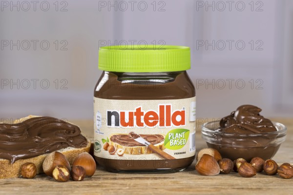 Nutella Plant Based vegan nut nougat cream 350g jar on bread with logo in Stuttgart, Germany