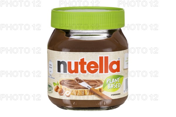 Nutella Plant Based vegan nut nougat cream 350g jar with logo cut against a white background in Stuttgart, Germany