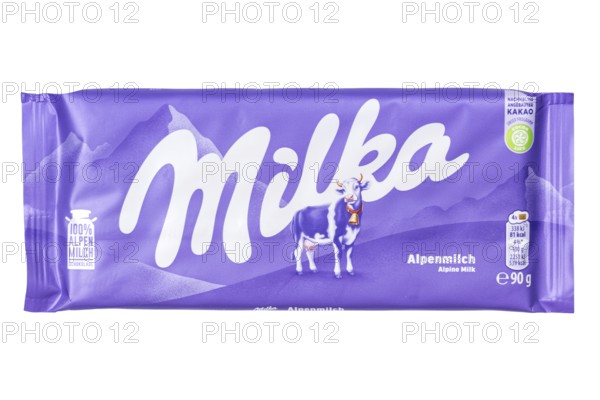 Milka chocolate 90g bar chocolate bar Alpine milk chocolates isolated against a white background with logo in Stuttgart, Germany