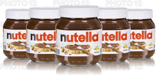 Nutella nut nougat cream 450g jars with logo cut against a white background in Stuttgart, Germany
