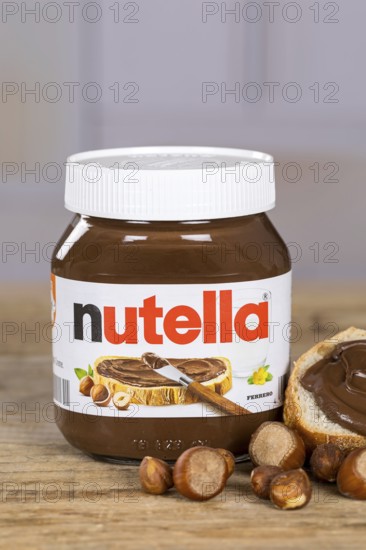 Nutella nut nougat cream 450g jar on bread with logo in Stuttgart, Germany