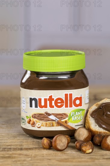 Nutella Plant Based vegan nut nougat cream 350g jar on bread with logo in Stuttgart, Germany