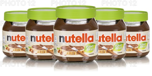 Nutella Plant Based Vegan Nut Nougat Cream 350g jars with logo cut against a white background in Stuttgart, Germany