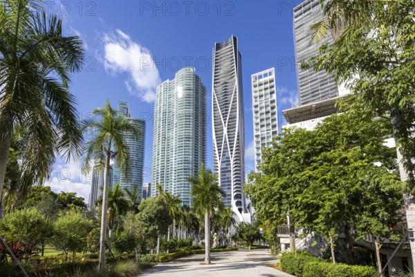 Miami skyline with high-rise real estate at Maurice A. Ferré Park in Miami, USA