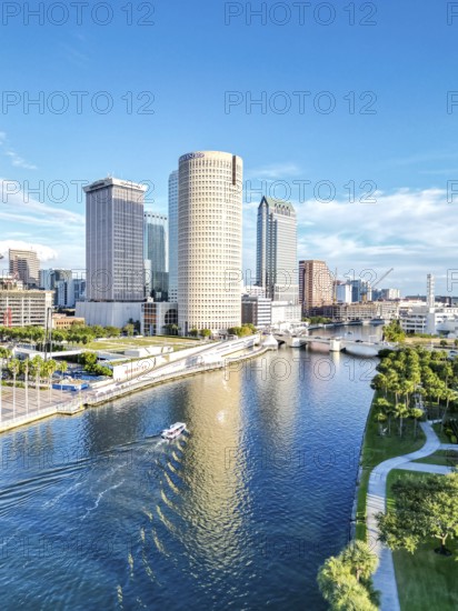 Tampa skyline from above aerial view with skyscrapers and Hillsborough River in downtown Tampa, USA
