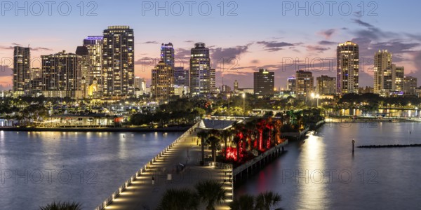 Saint Petersburg Florida skyline on Tampa Bay from above panorama with St. Pete Pier at night in downtown St Petersburg, USA