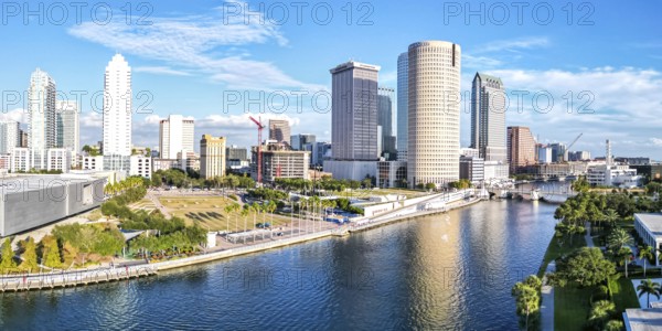 Tampa skyline from above aerial view with skyscrapers and Hillsborough River panorama in downtown Tampa, USA