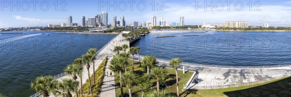 Saint Petersburg Florida skyline panorama on Tampa Bay with St. Pete Pier and skyscrapers in downtown St. Petersburg, USA