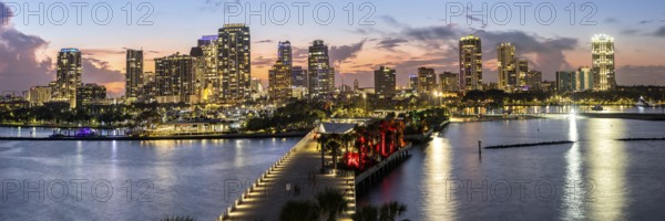 Saint Petersburg Florida skyline panorama on Tampa Bay from above with St. Pete Pier at night in downtown St Petersburg, USA