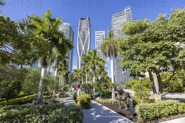 Miami Maurice A. Ferré Park modern art and skyline with skyscrapers in Miami, USA