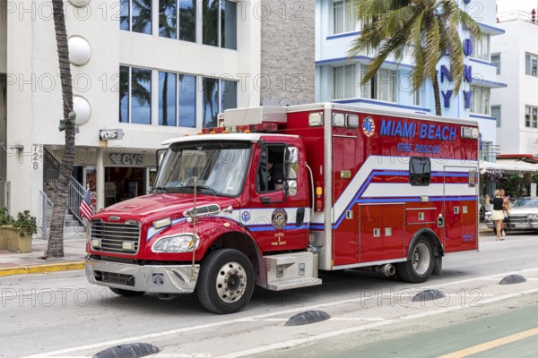 Fire department car fire truck of the Miami Beach Fire Rescue on Ocean Drive in Miami Beach, USA