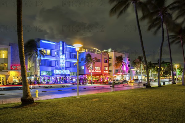 Miami Beach Florida building on Ocean Drive in art deco architecture style at night in Miami Beach, USA