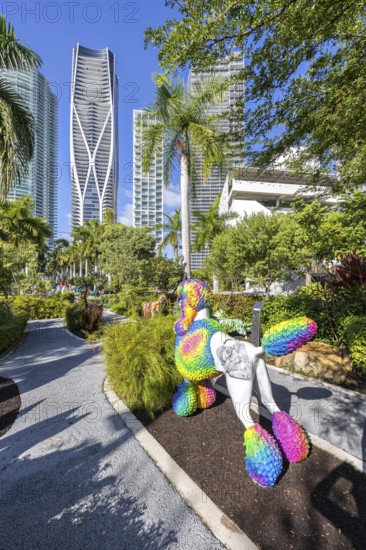 Miami Maurice A. Ferré Park modern art and skyline with skyscrapers in Miami, USA