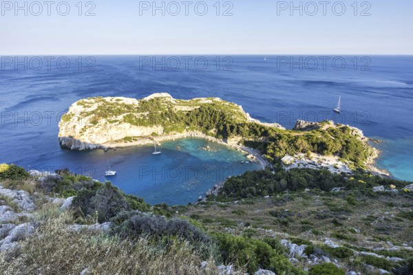 View of Anthony Quinn Bay beach and bay from above Mediterranean seaside island of Rhodes, Greece