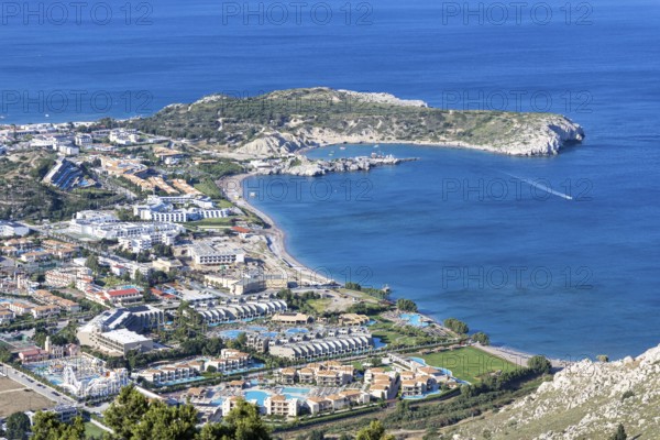 View of the holiday resort of Kolymbia with beach from above Mediterranean seaside island of Rhodes, Greece
