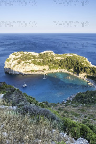 View of Anthony Quinn Bay beach and bay from above Mediterranean seaside island of Rhodes, Greece
