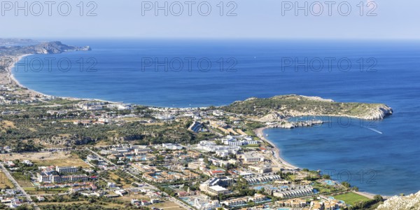 View of the holiday resort of Kolymbia with beach from above Mediterranean seaside holiday Panoramic island of Rhodes, Greece