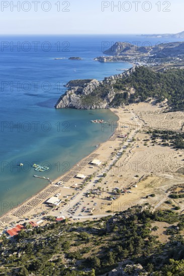 View of Tsambika beach from above Mediterranean seaside island of Rhodes, Greece