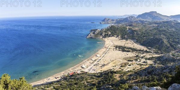 View of Tsambika beach from above Mediterranean seaside holidays Panorama Rhodes island, Greece