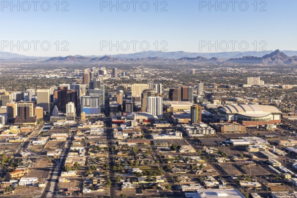 Phoenix Arizona downtown skyline with skyscrapers aerial view from above in Phoenix, USA