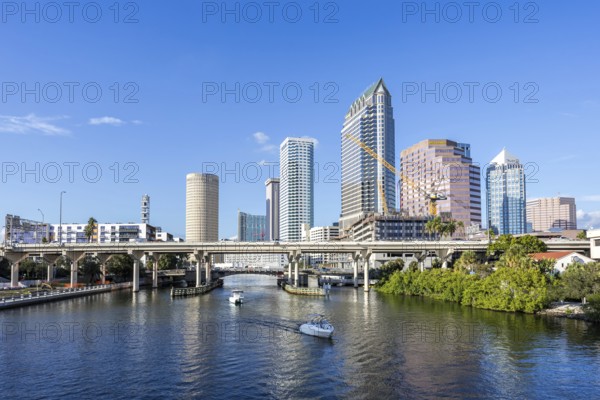 Tampa skyline with skyscrapers and bridge over Hillsborough River downtown in Tampa, USA