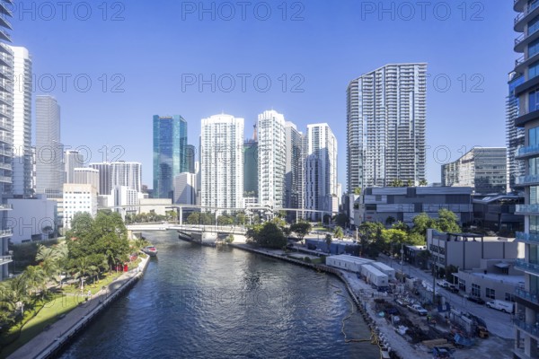 Miami skyline in downtown and Brickell with high-rise real estate on Miami River Florida in Miami, USA