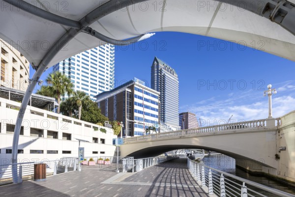 Tampa Riverwalk Promenade on the Hillsborough River Skyline with skyscrapers downtown in Tampa, USA