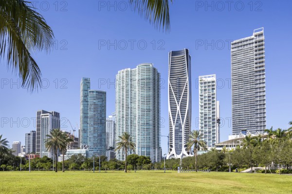 Miami skyline with high-rise real estate at Maurice A. Ferré Park Florida vacation in Miami, USA