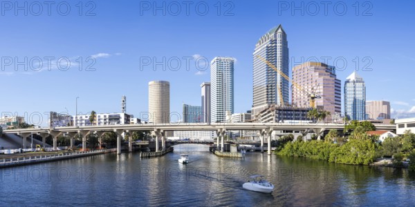 Tampa skyline with skyscrapers and bridge over Hillsborough River panorama in downtown Tampa, USA