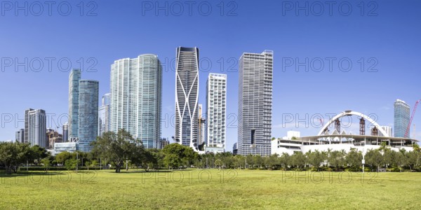 Miami skyline with skyscrapers panoramic real estate at Maurice A. Ferré Park Florida vacation in Miami, USA