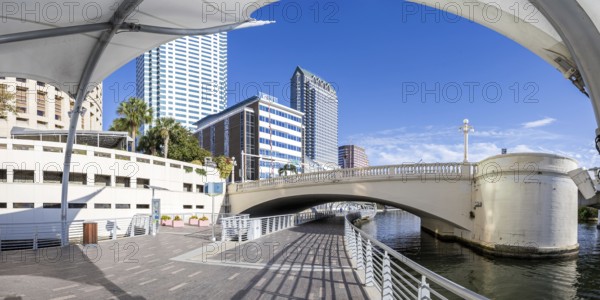 Tampa Riverwalk Promenade on the Hillsborough River Skyline Panorama with Skyscrapers Downtown in Tampa, USA