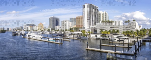 Fort Lauderdale skyline at Las Olas Marina with boats yachts panoramic Florida in Fort Lauderdale, USA