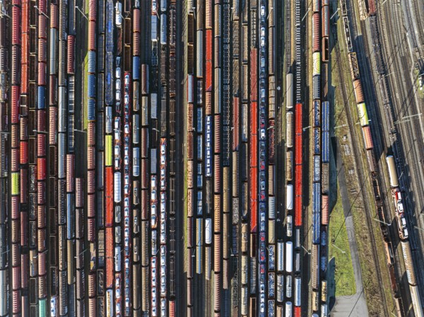 Mannheim marshalling yard. There are many freight trains and freight wagons on the tracks. aerial view. Mannheim, Badn-Württemberg, Germany
