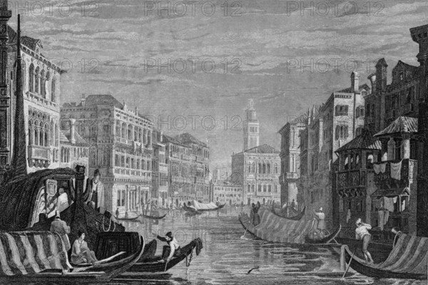 On the Grand Canal in Venice, Italy, covered gondolas, hustle and bustle, church tower, profession gondolier, steer boats, palaces, architecture, steel engraving, historical illustration 1835