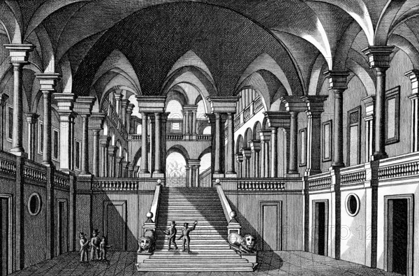 West wing of the university in Venice, Italy, interior, staircase, portico, double columns, vault, education, university, people, architecture, steel engraving, historical illustration 1835