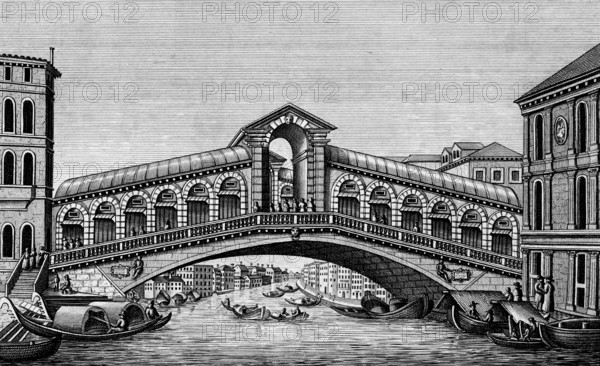 Ponte di Rialto, Rialto bridge over the Grand Canal, Venice, Italy, gondola, staircase, shore, palaces, architecture, steel engraving, historical illustration 1835