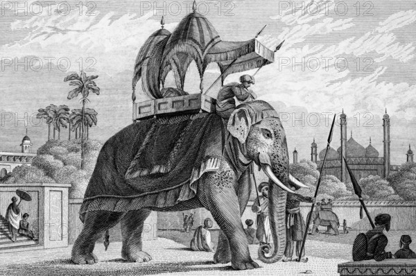 Equipped, decorated elephant with stretcher, travel, without location, temple, corner towers, guard with lances, transport, working elephant, animal husbandry, palm trees, people, probably India, architecture, steel engraving, historical illustration 1835