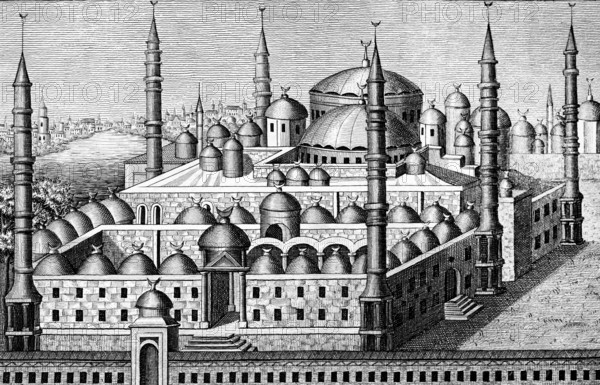 Sultan Akhmed Mosque also Blue Mosque, early 17th century, Istanbul, Turkey, Islam, slender minarets with crescent, domes, outer wall, steps, architecture, steel engraving, historical illustration 1835