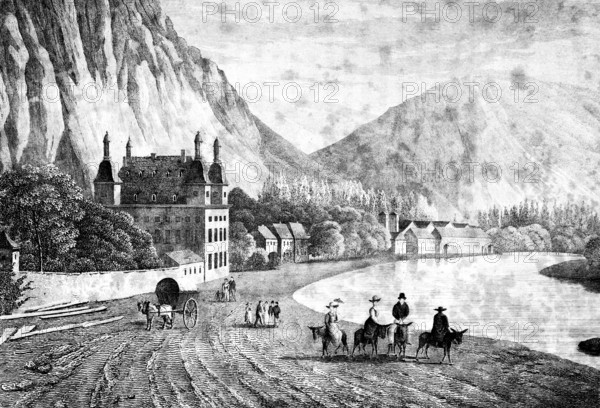 The baths of Bad Ems an der Lahn, on the route to Nassau, Rhineland-Palatinate, Germany, health resort, spa, cure, rehab, buildings along the river, donkey, rider, cab, walk, mountains, forest, architecture, steel engraving, historical illustration 1835
