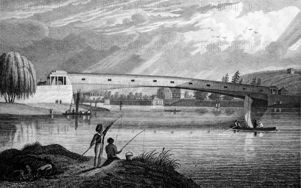 Large bridge over the Schuylkill River, Philadelphia, USA, fisherman on the shore, rowing boat with sail, people, construction, wood, willow tree, architecture, steel engraving, historical illustration 1835
