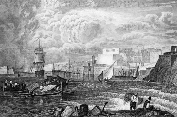 La Valletta, capital of Malta, Mediterranean Sea, port, tall ships, cargo boats, fishermen on shore, waves, fortress, architecture, steel engraving, historical illustration 1835