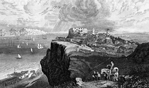 View of Lisbon over the Tagus, Portugal, rock peak, horsemen, excursion, busy shipping, many sailing ships, three-master, rain shower, cloudy sky, architecture, steel engraving, historical illustration 1835