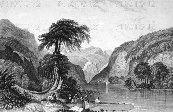Tempe Isyllian valley in the river Pinius, Thessaly, Greece, narrow breakthrough valley, geology, excursion, people on the shore, fishermen with a net, hobby, profession, tree, mountain landscape, steel engraving, historical illustration 1835