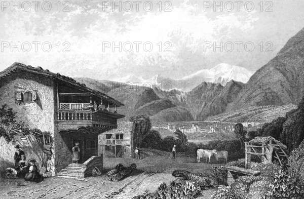 Over the Simplon Pass to Brig, Brig-Glies, Switzerland, typical farmhouse with wooden balcony, farmer, cow, stream, woman, village in the valley, mountain landscape, snow-covered mountain, idyll, architecture, steel engraving, historical illustration 1835