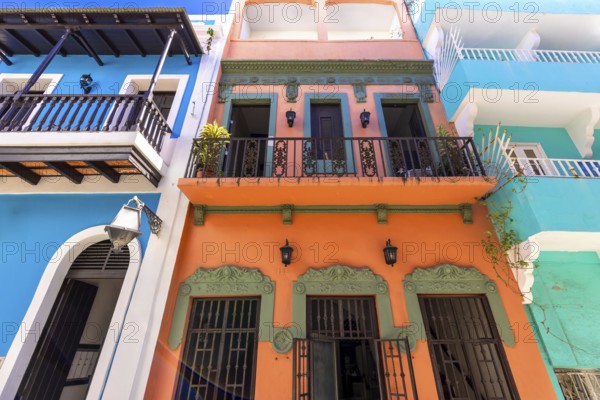 Puerto Rico, San Juan colorful street and colonial architecture in historic city center