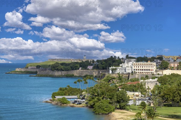 Puerto Rico, aerial view of San Juan colorful colonial historic center from San Juan Bay