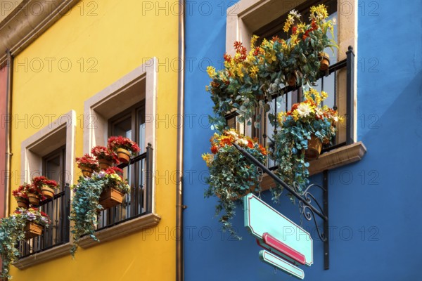 Mexico, Monterrey, colorful historic buildings in the center of the old city, Barrio Antiguo, a famous tourist attraction